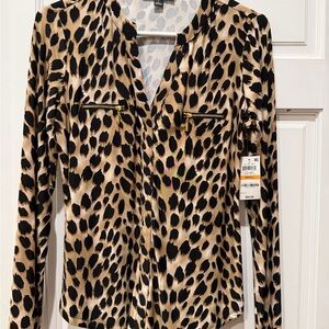 INC brand Leopard Print Zip-Pocket Blouse - Small